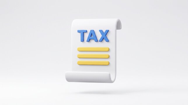 3D tax document paper with dollar coin and percentage sign for tax calculation, accounting, financial audit, business taxation, and expense receipt and financial payment payroll bill invoice report