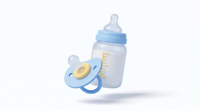 3D baby milk feeding bottle with milk and blue pacifier dummy for newborn care, childcare, and infant nutrition concept measurement scale and dummy pacifier representing infant care