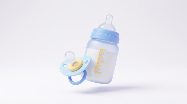 3D baby milk feeding bottle with milk and blue pacifier dummy for newborn care, childcare, and infant nutrition concept measurement scale and dummy pacifier representing infant care