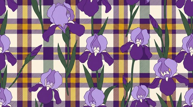 Purple iris floral seamless pattern on tartan plaid background