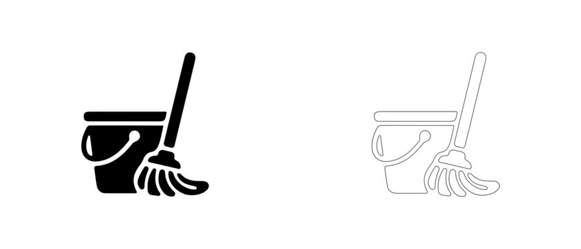 Cleaning bucket with mop vector icon filled and outline, floor washing and wet cleaning symbol.