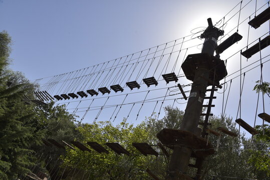Adventure course with suspension bridge for outdoor activities