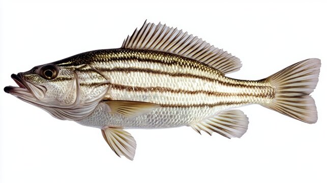 Isolated white striped bass fish showcasing its unique stripes.