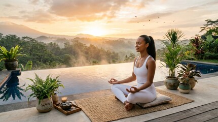 Obraz premium Woman Meditating by Infinity Pool at Sunrise in Tropical Paradise