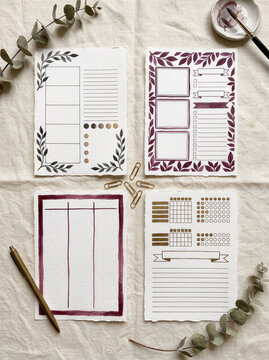 Handmade Watercolor Bullet Journal Planner Layouts Set Aesthetic Floral Stationery Designs Minimalist Habit Trackers Personal Organization Productivity Tools Artisan Paper Texture Creative Planning