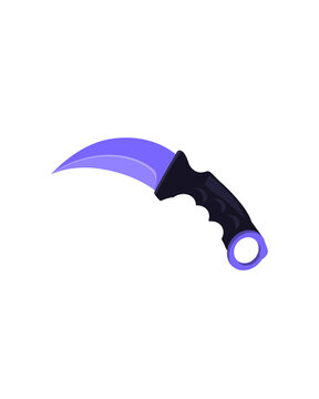 Karambit knife illustration with curved purple blade and black handle isolated on white background