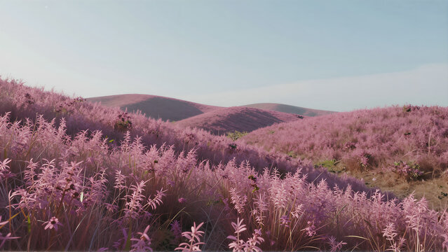 Surreal landscape of rolling hills with magenta flowering grass