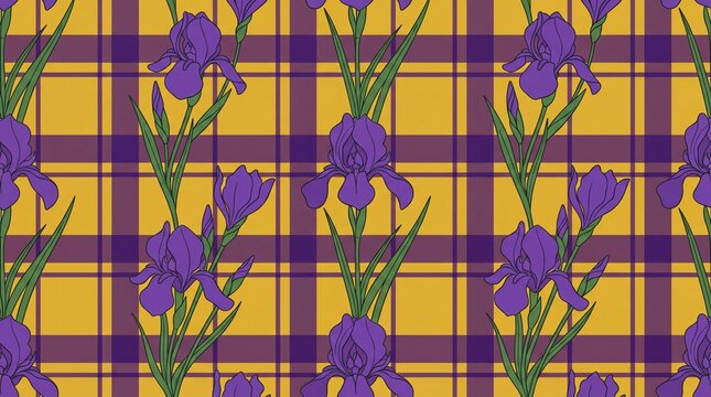 Purple iris floral seamless pattern on yellow and purple plaid