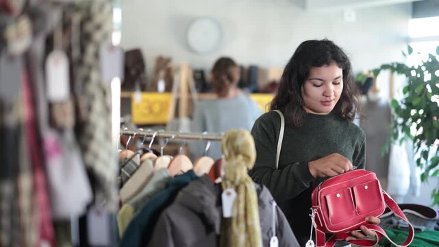 In sales area of store, Latin woman customer chooses handbag. Creating capsule wardrobe, branded clothing at affordable prices. Modern urban fashion, casual practical clothes 