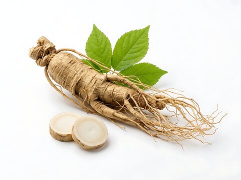 Fresh organic ginseng root with green leaves and sliced pieces isolated on a white background
