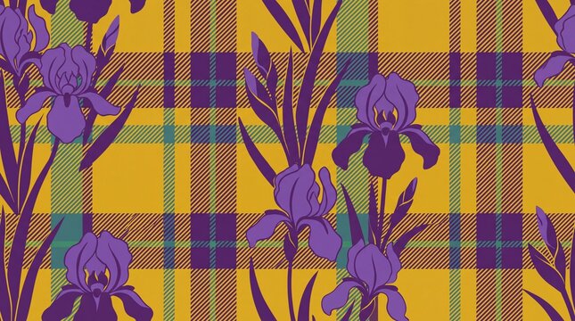 Purple iris floral seamless pattern on yellow tartan plaid background