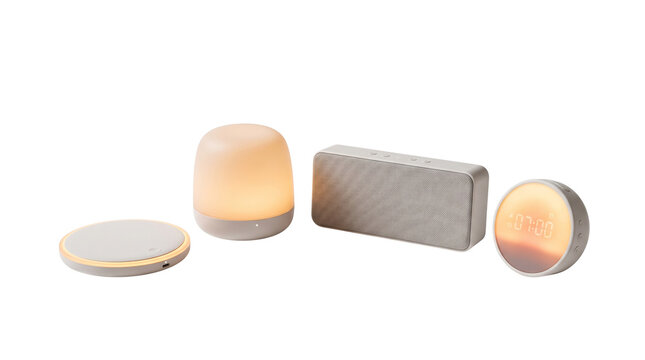 Minimalist smart home gadget set, modern glowing night light and wireless charging pad, portable bluetooth speaker for home decor setup isolated PNG with Transparent Background