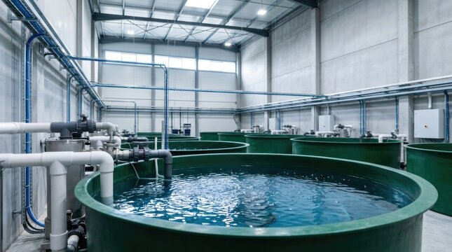 Contemporary recirculating aquaculture facility with advanced indoor fish farming systems and spacious industrial architecture creating generous copy space, ultra realistic, premium commercial photog