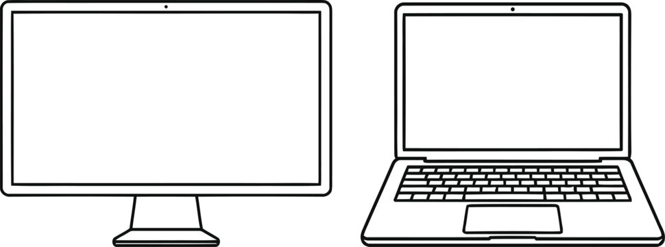 Computer monitor and laptop icon set on a white background simple line art illustration