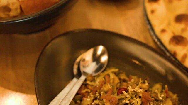 Burmese Shrimp Noodle Soup and Traditional Asian Dishes on Dining Table