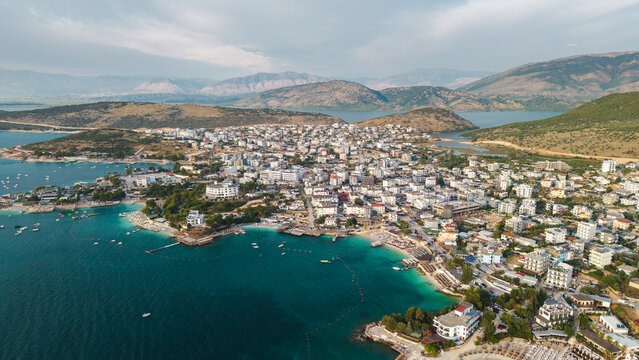 Aerial Panorama of Ksamil Albania Bays and Mountain Landscape