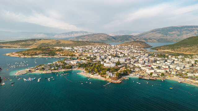 Aerial Panorama of Ksamil Coastal Town and Turquoise Bays