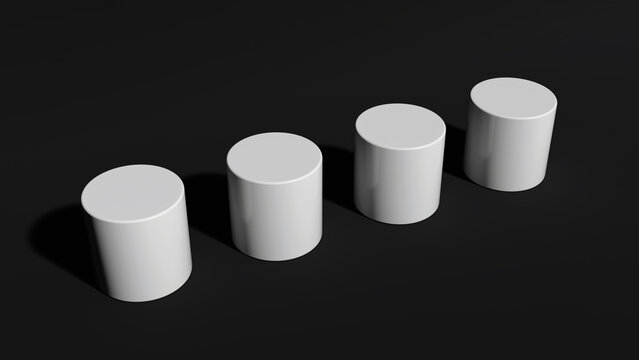 Four white cylinders in a diagonal row on a black surface, growing larger toward the right, soft studio lighting, smooth rounded tops, subtle shadows, ideal mockup for product display.