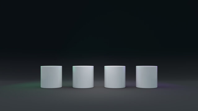 Row of four white cylindrical mockup objects on dark gradient surface with soft lighting and subtle shadows, perfect for product display, branding, and presentation. Copy space.