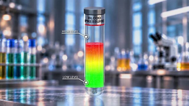 Blood Pressure Level Gauge with Rising Liquid in Laboratory, 3D Animation