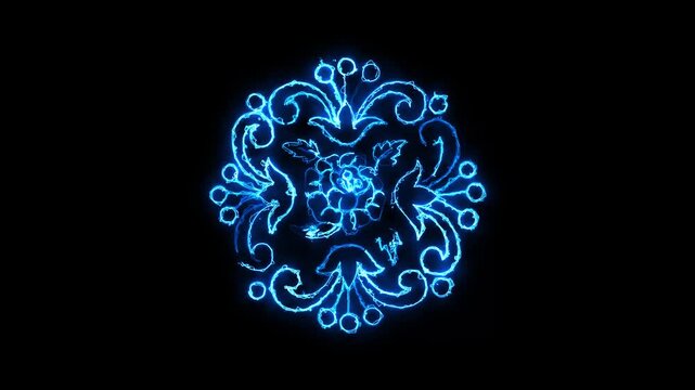 Glowing blue neon floral mandala pattern on black background