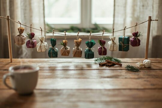 Handmade advent calendar of small wrapped parcels hanging on a string