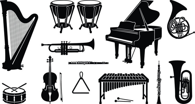 Classical Symphony Orchestra Musical Instrument Silhouette Vector Icon Set Featuring Grand Piano, Harp, Timpani, Trumpet, Cello, French Horn, and Xylophone Symbols for Audios