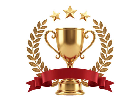 Golden trophy cup with laurel wreath and red ribbon banner Cutout PNG