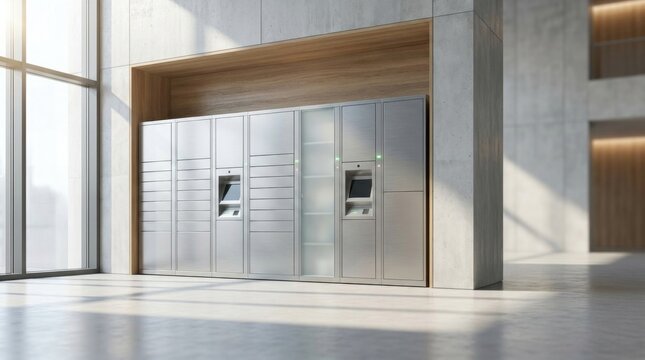 Modern click and collect pickup area with organized smart lockers integrated into a clean commercial environment, expansive architectural composition with abundant copy space, ultra realistic, premiu