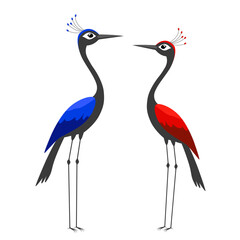 Obraz premium Stylized pair of crane birds vector illustration featuring long-legged black storks, one with vivid blue wings and crest and the other with bright red accents, standing face to face isolated on white 