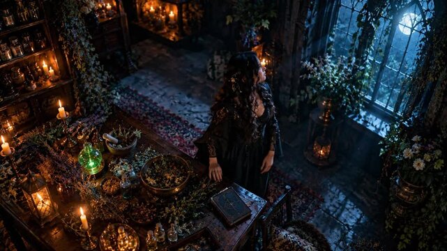 Witch preparing potion in dark gothic room with candles and moonlight for Halloween celebration