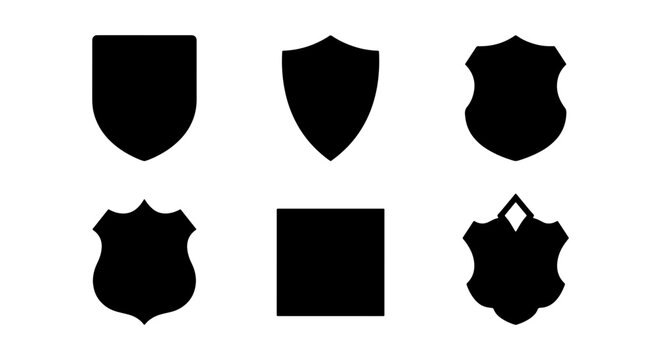 Six black silhouette shield and badge shapes are displayed on a white background.