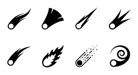 Collection of abstract stylized comet and meteor icons represent space objects in motion. © Sagor
