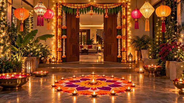 Festive Indian home entrance decorated for Diwali with a glowing rangoli, rows of lit diyas, paper lanterns, marigold garlands and potted plants beside a wooden double door