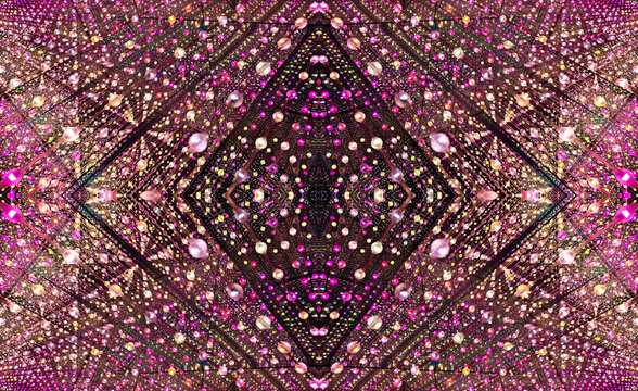 immersive space glowing geometric shapes, lights, and mirrors, geometric shapes floating nearby, abstract cosmic backdrop