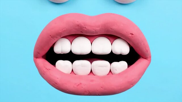 Playdough Lips and Teeth Close Up on Blue Background.
