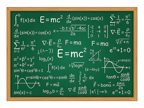 Green chalkboard with complex mathematical formulas and physics equations
