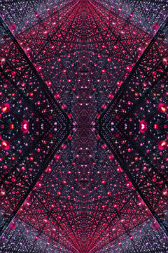 immersive space glowing geometric shapes, lights, and mirrors, geometric shapes floating nearby, abstract cosmic backdrop