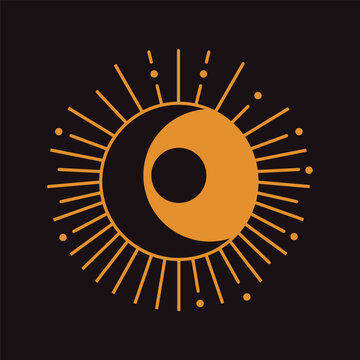 Sun and moon eclipse, magic celestial symbol. Solar lunar sign, esoteric astrology symbol. Sun and crescent moon, cosmic celestial sign. Spiritual mystic magic design. Vector illustration