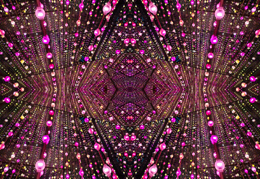 immersive space glowing geometric shapes, lights, and mirrors, geometric shapes floating nearby, abstract cosmic backdrop
