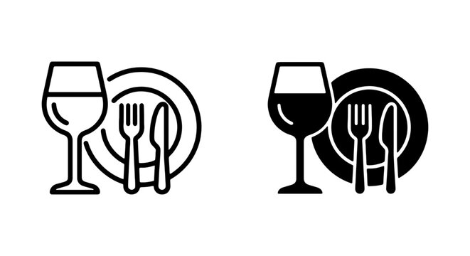 Dinnerware and wine glass icons represent dining and hospitality services.