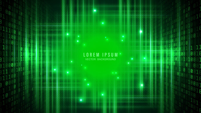 Green digital binary code tunnel vector background with glowing data streams
