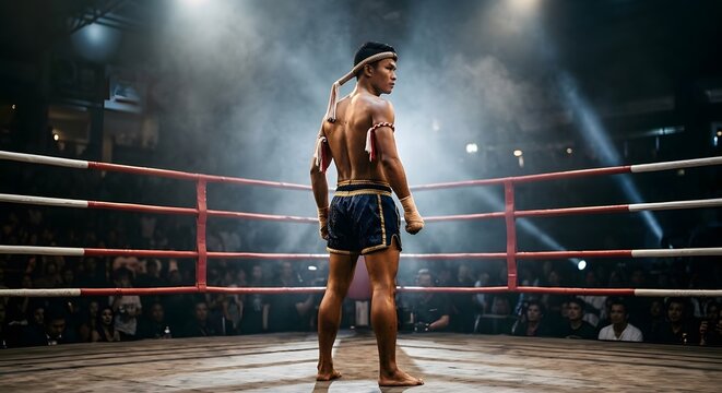 Shirtless man wearing Muay Thai gear in smoky boxing ring