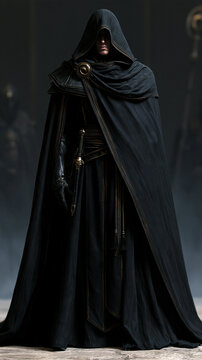 large black cloak, dramatic hooded black cloak, mysterious flowing black cloak