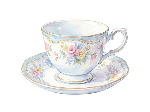 Classic porcelain teacup with floral pattern isolated on transparent background