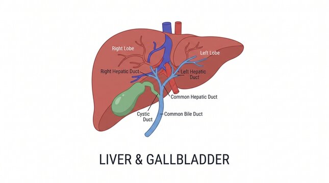 Very beautiful realistic flat vector illustration of the human liver and gallbladder showing bile ducts and anatomical structure, centered label below illustration: "LIVER & GALLBLADDER", isolated on 