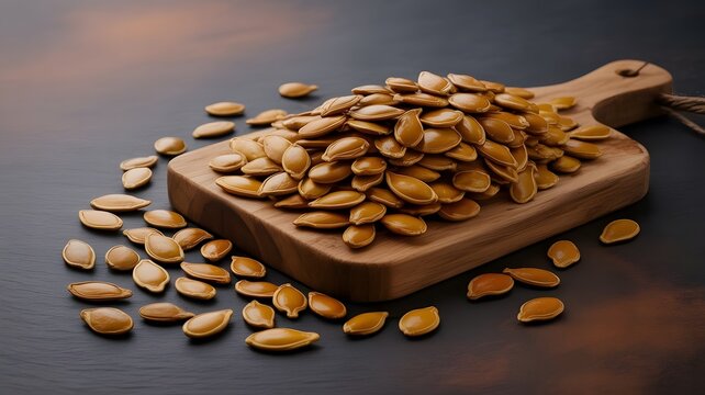 Fresh golden pumpkin seeds piled high on a rustic wooden cutting board for healthy eating