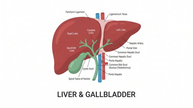 Very beautiful realistic flat vector illustration of the human liver and gallbladder showing bile ducts and anatomical structure, centered label below illustration: "LIVER & GALLBLADDER", isolated on 