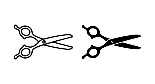 Two scissor icons, one outlined and one solid black, represent cutting or grooming tools.