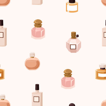 Perfume bottles, seamless pattern. Seamless perfumery background with perfume and fragrance bottles. Parfum and scents, endless background, print, texture. Flat cartoon vector illustration